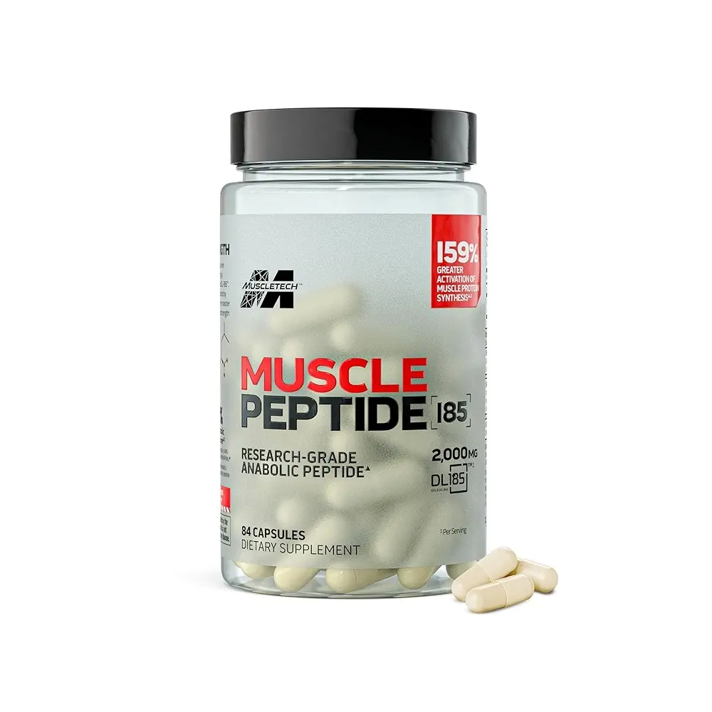 Frasco transparente de suplemento Muscle Peptide con 84 cápsulas, etiqueta gris y roja, 2000 mg de dileucina y dos cápsulas sueltas al frente.