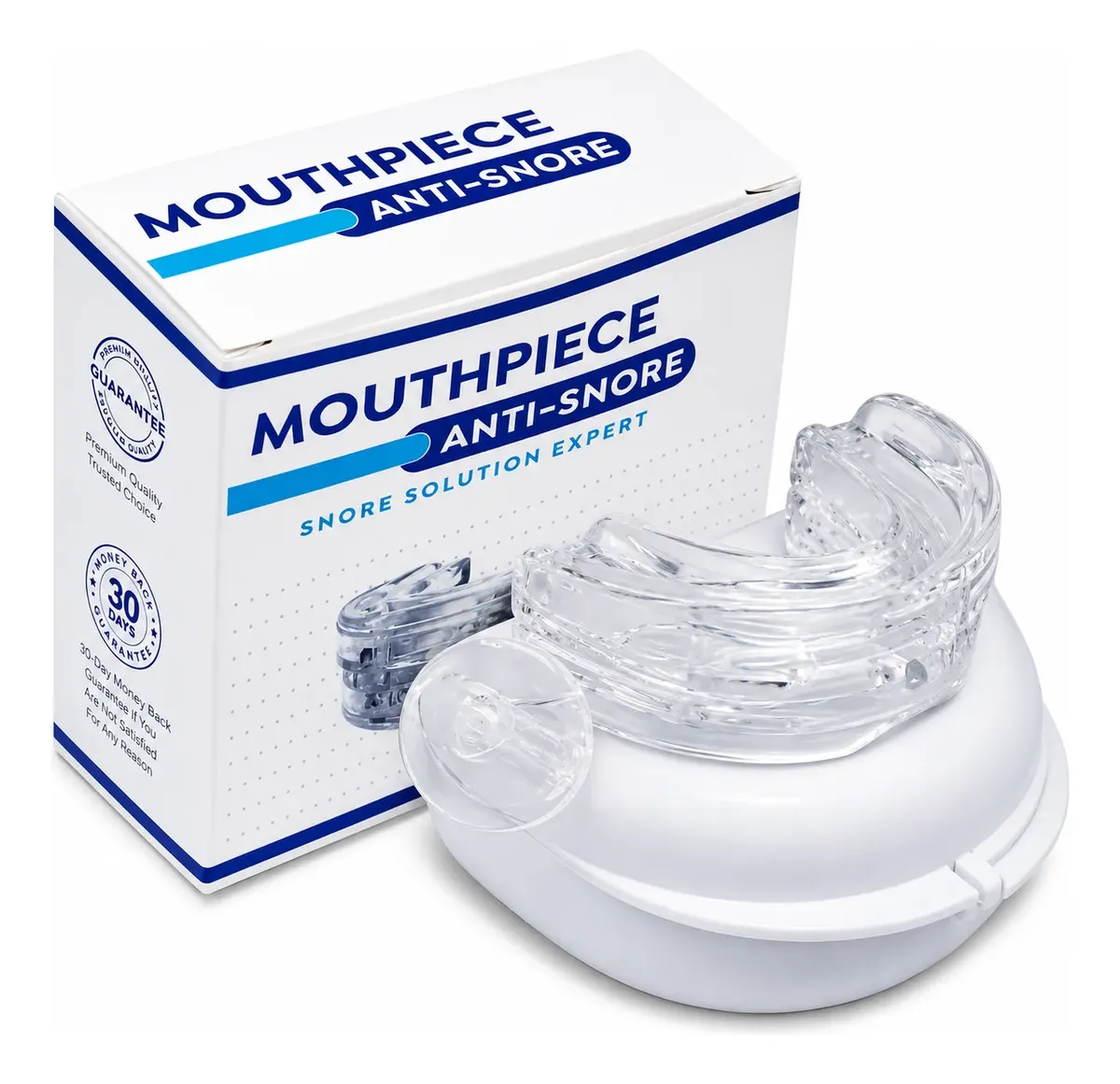 Placa antironquidos ajustable transparente de silicona junto a su estuche blanco de almacenamiento y caja de empaque con diseño azul.