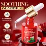 Sérum facial rojo de granada con gotero dispensador, botella transparente de 30ml y extracto natural al 98%, ideal para hidratar profundamente la piel.