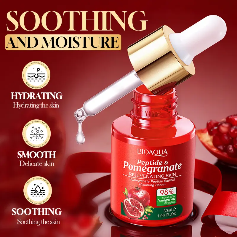 Sérum facial rojo de granada con gotero dispensador, botella transparente de 30ml y extracto natural al 98%, ideal para hidratar profundamente la piel.