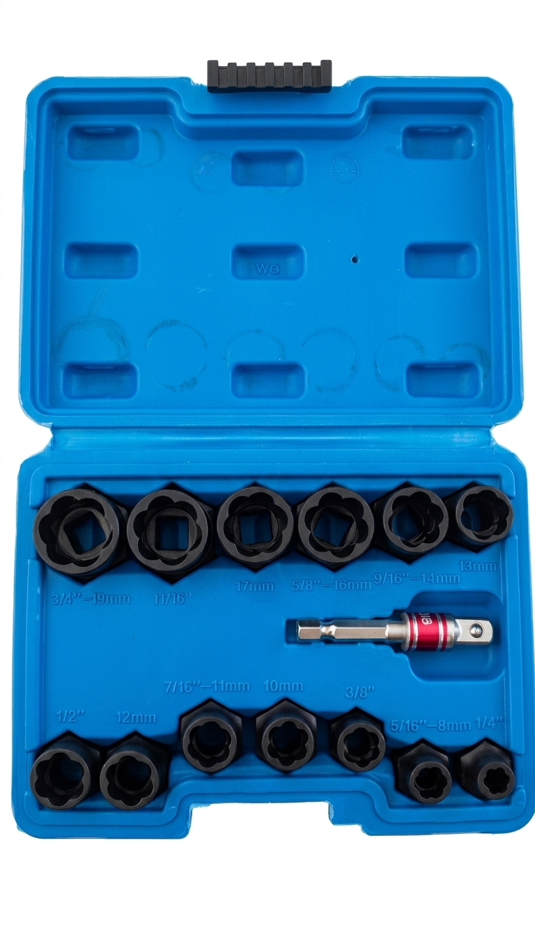 Juego de 14 extractores de tuercas negros en estuche azul, con 13 dados de varios tamaños y un adaptador metálico plateado con banda roja.