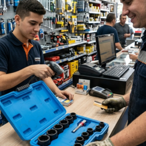 Empleado escaneando juego de 14 extractores de tuercas en acero cromo molibdeno azul, diseñado para remover tornillos oxidados y pernos dañados.