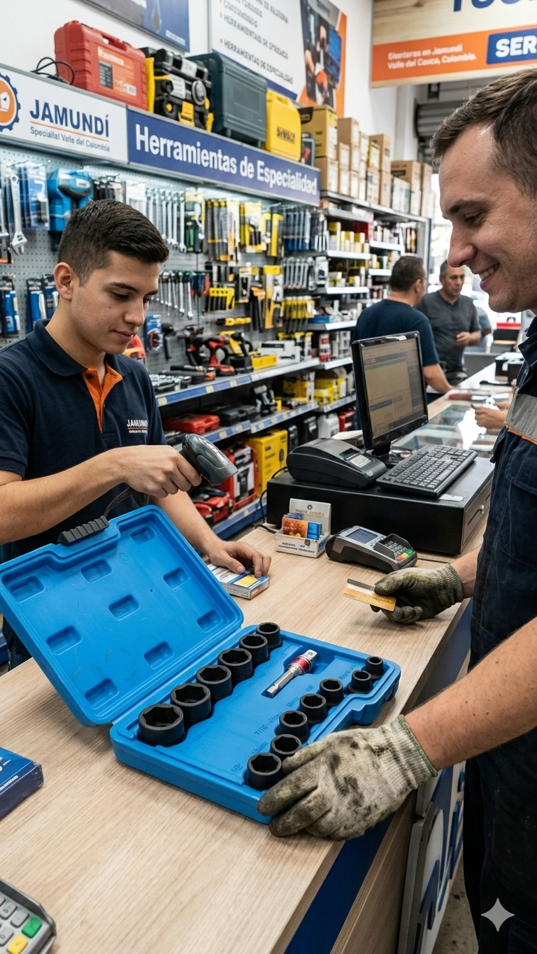 Empleado escaneando juego de 14 extractores de tuercas en acero cromo molibdeno azul, diseñado para remover tornillos oxidados y pernos dañados.