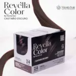 Caja de tinte capilar en crema Castaño Oscuro Revella Color con 24 sobres de 40 ml, fórmula sin amoníaco y mechón de cabello castaño oscuro.