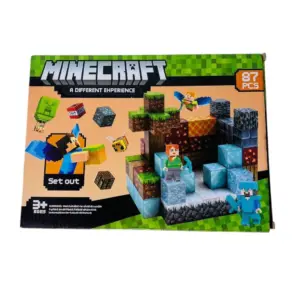 Caja de bloques magnéticos estilo Minecraft de 87 piezas, con diseño colorido en tonos verdes y azules, que muestra un modelo armado con personajes y cubos texturizados.