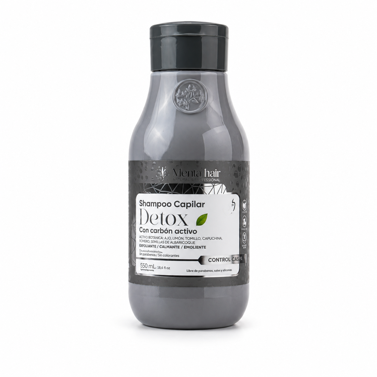 Botella plástica gris de shampoo capilar detox de 550 ml con carbón activo y etiqueta frontal blanca y negra de mentahair.