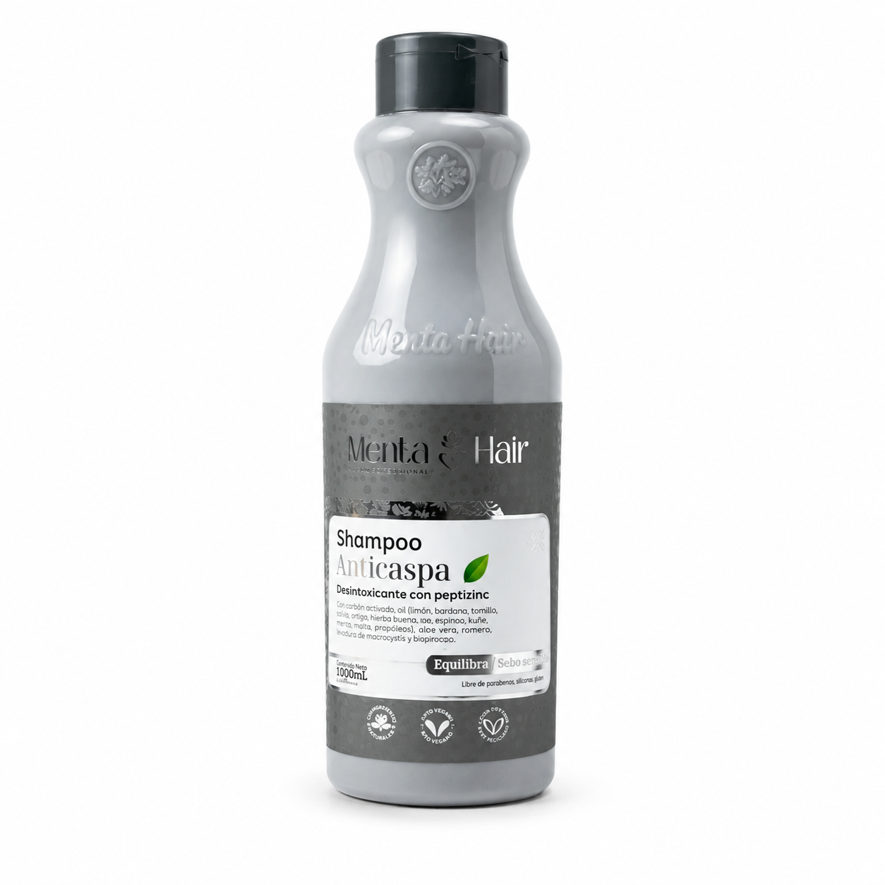 Shampoo anticaspa Menta Hair en botella gris de 1 litro con tapa negra y etiqueta blanca con detalles de hojas verdes.