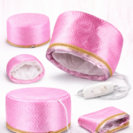 Gorro térmico capilar rosado con diseño en zigzag, control de dos temperaturas y cremallera dorada, ideal para tratamientos de nutrición profunda.