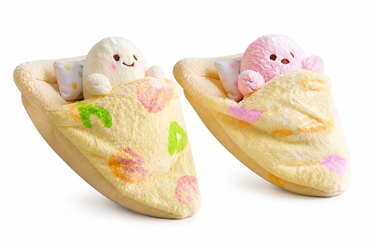 Set de dos pantuflas peluche con forma de porción de pizza amarilla, decoradas con personajes durmiendo bajo una cobija suave.