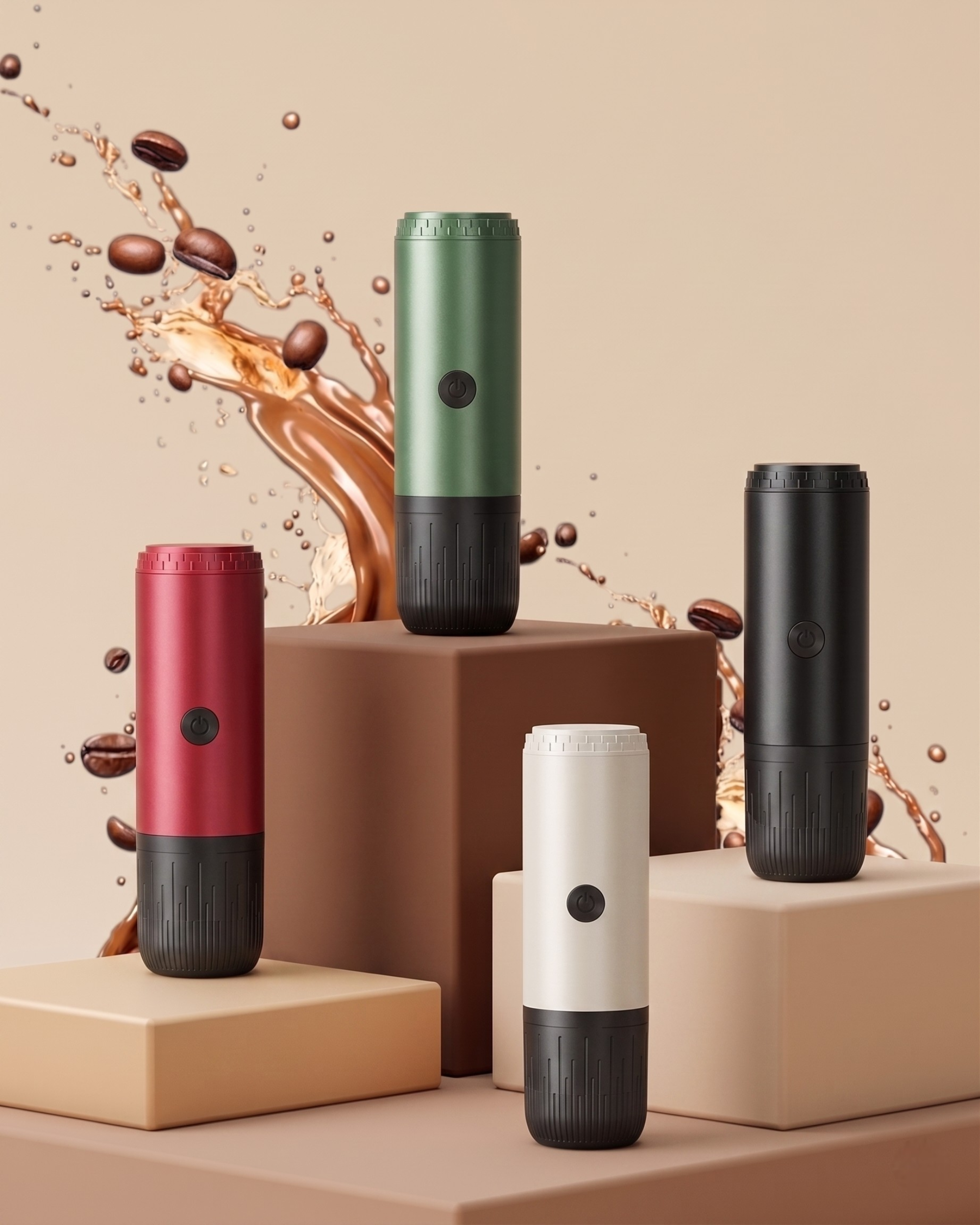 Cuatro cafeteras espresso portátiles inalámbricas en colores verde, rojo, blanco y negro, dispuestas sobre cubos decorativos con granos y salpicaduras de café.