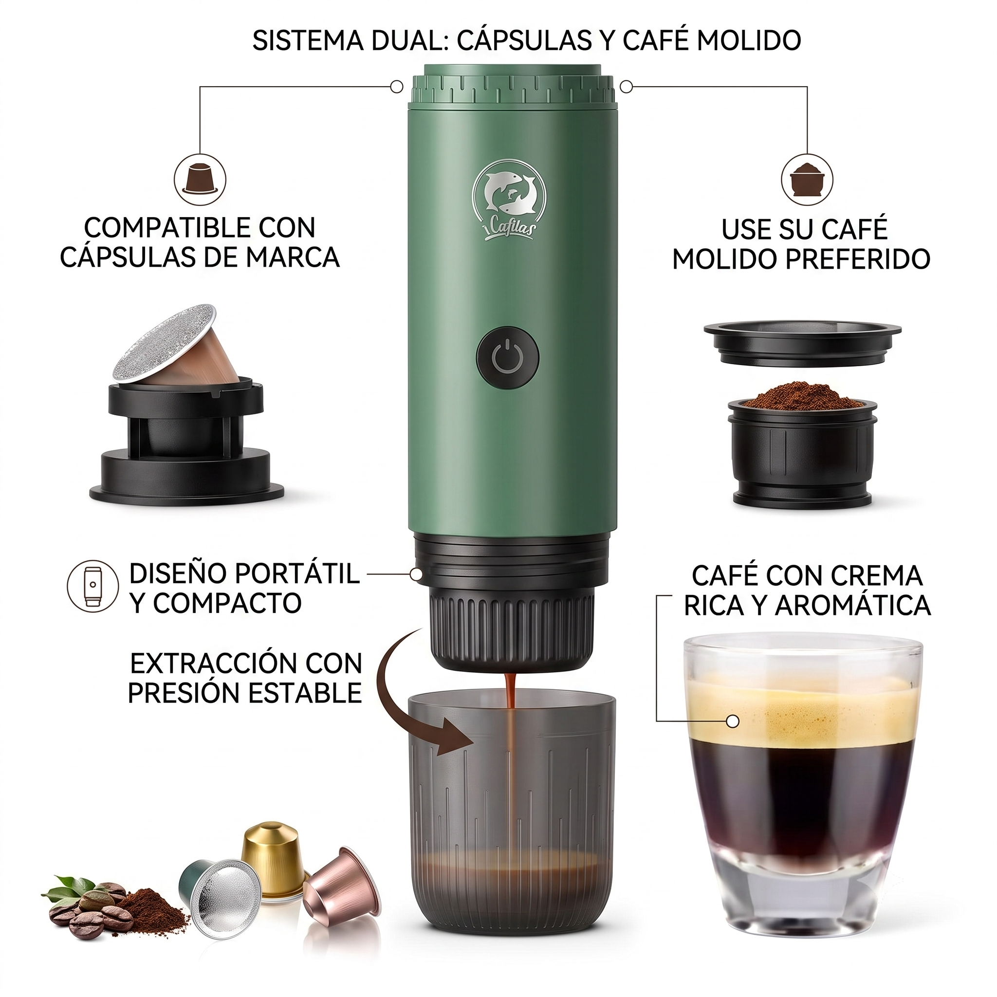 Cafetera espresso portátil verde inalámbrica con sistema dual para cápsulas y café molido, incluye vaso integradoy componentes para preparación.