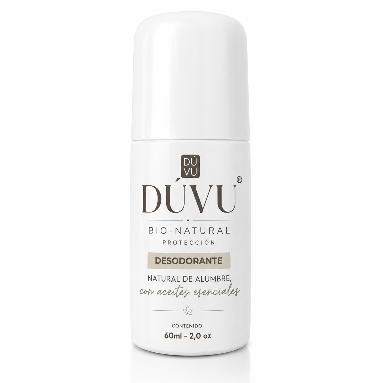 Desodorante natural roll-on Dúvu en envase blanco de 60 ml con tapa protectora, formulado con alumbre y aceites esenciales para piel sensible.