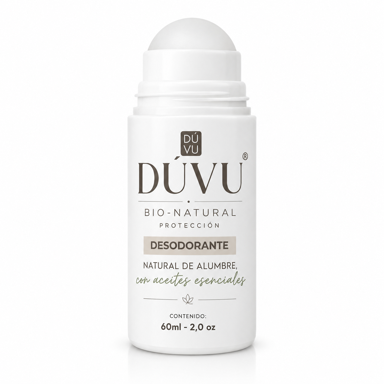 Desodorante natural roll-on Dúvu en envase blanco de 60 ml con tapa esférica, formulado con alumbre y aceites esenciales.