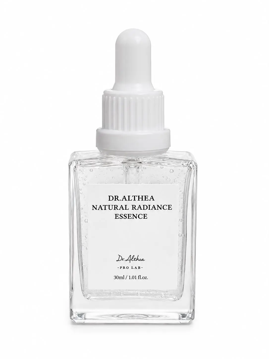 Esencia facial hidratante Dr. Althea Natural Radiance de 30 ml en frasco de vidrio con gotero blanco.