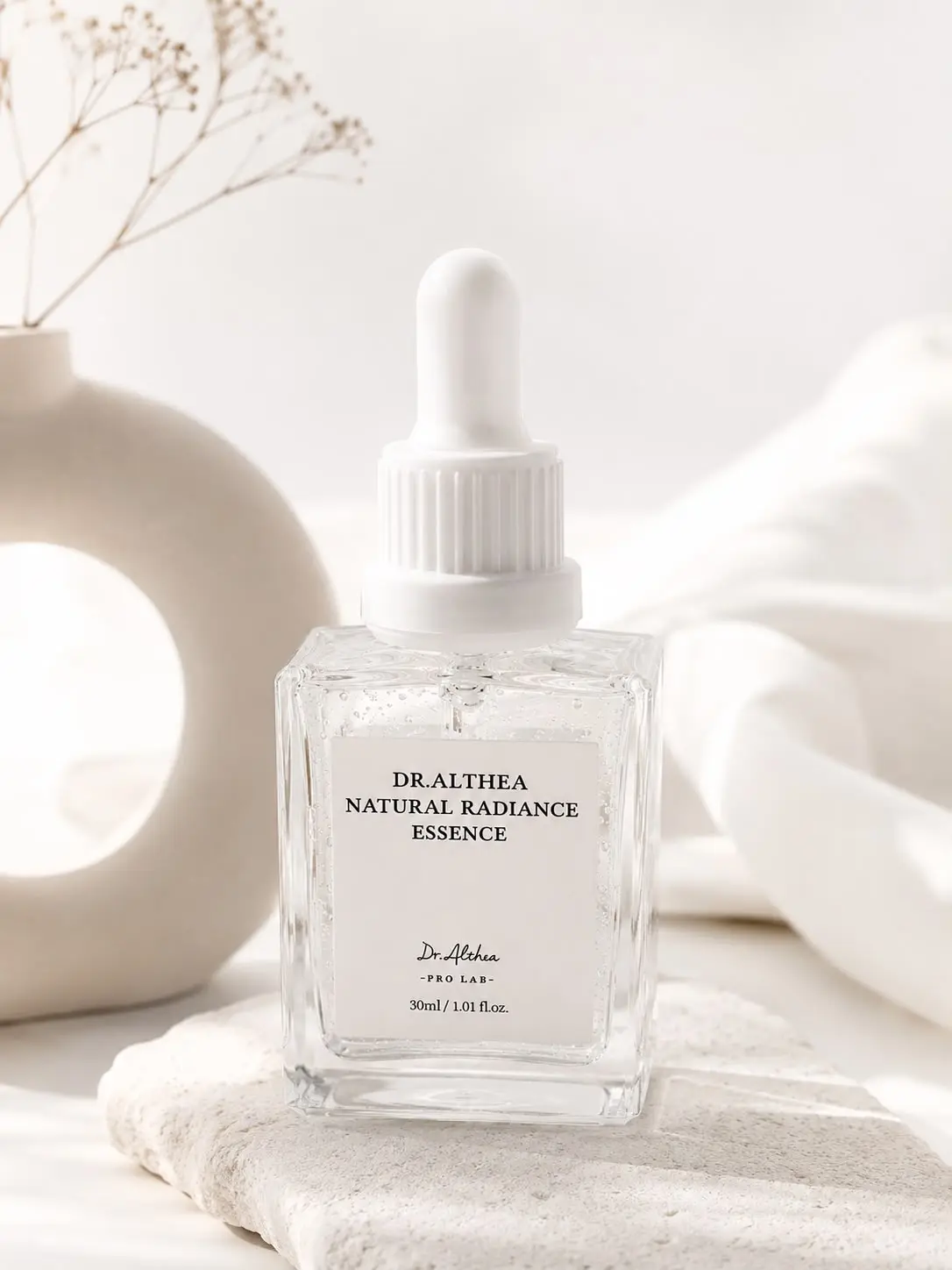 Esencia facial hidratante Dr. Althea Natural Radiance de 30ml en frasco de vidrio con gotero, sobre piedra blanca en un entorno luminoso y neutro.