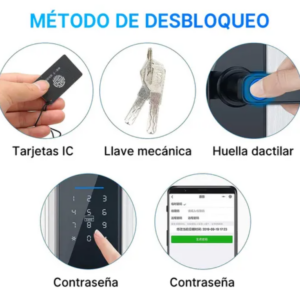 Métodos de desbloqueo de cerradura inteligente: tarjeta IC, llave mecánica, huella dactilar, teclado numérico y control por aplicación móvil.
