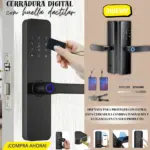 Cerradura inteligente digital negra con lector de huella dactilar, teclado táctil, manija ergonómica, tarjetas de acceso y llaves físicas incluidas