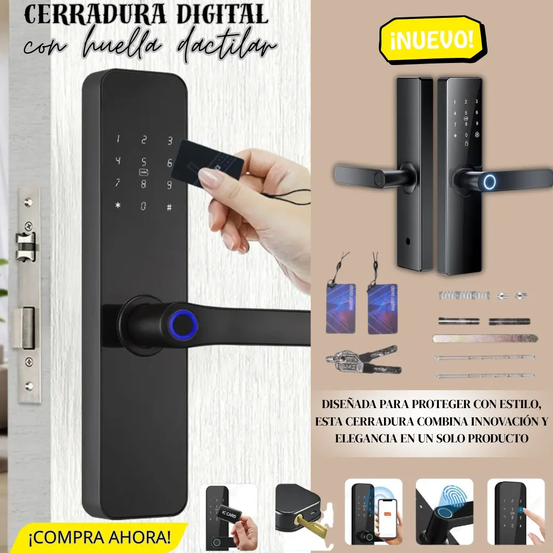 Cerradura inteligente digital negra con lector de huella dactilar, teclado táctil, manija ergonómica, tarjetas de acceso y llaves físicas incluidas