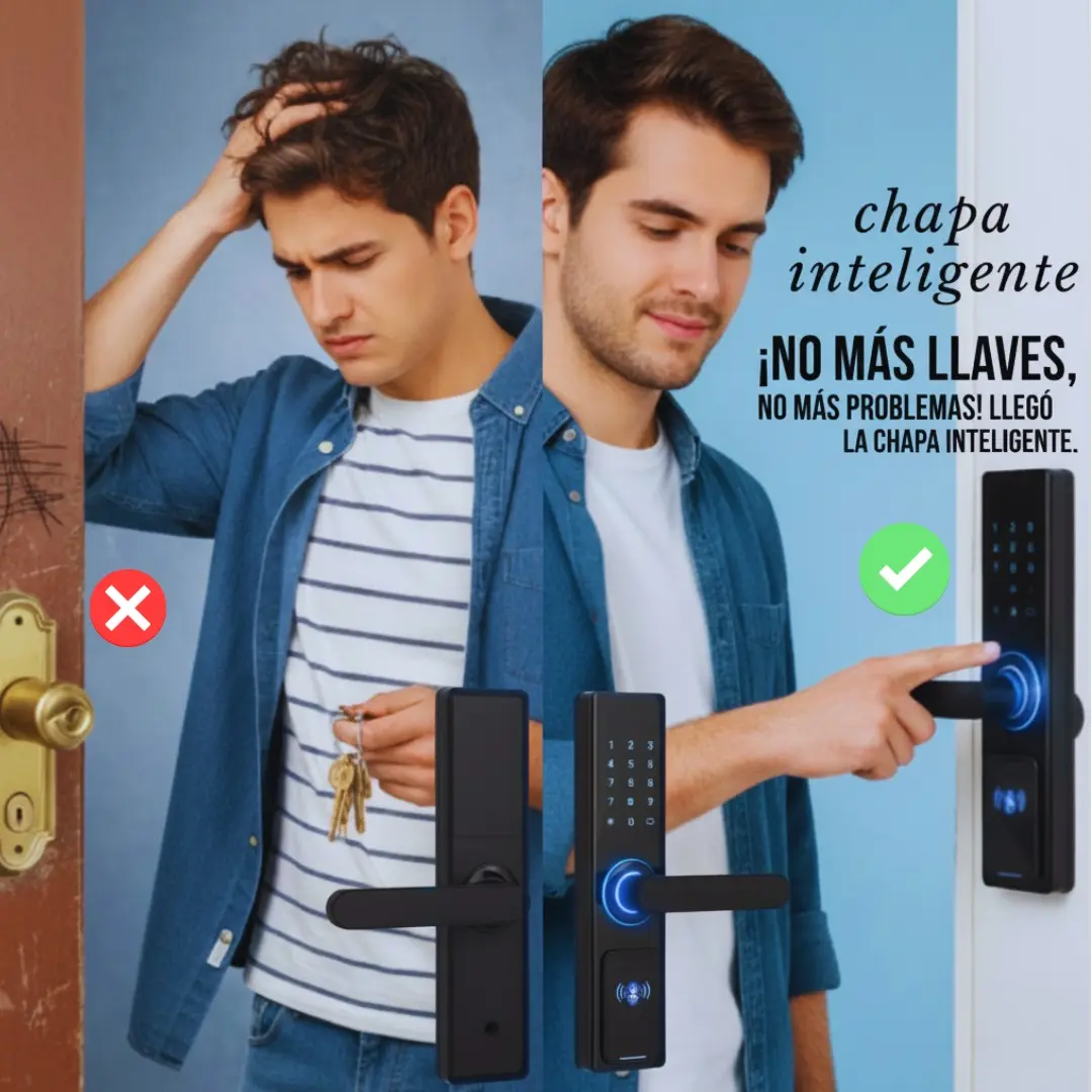 Cerradura inteligente negra con teclado y sensor biométrico. Comparativa entre el uso de llaves tradicionales y la facilidad del acceso digital.