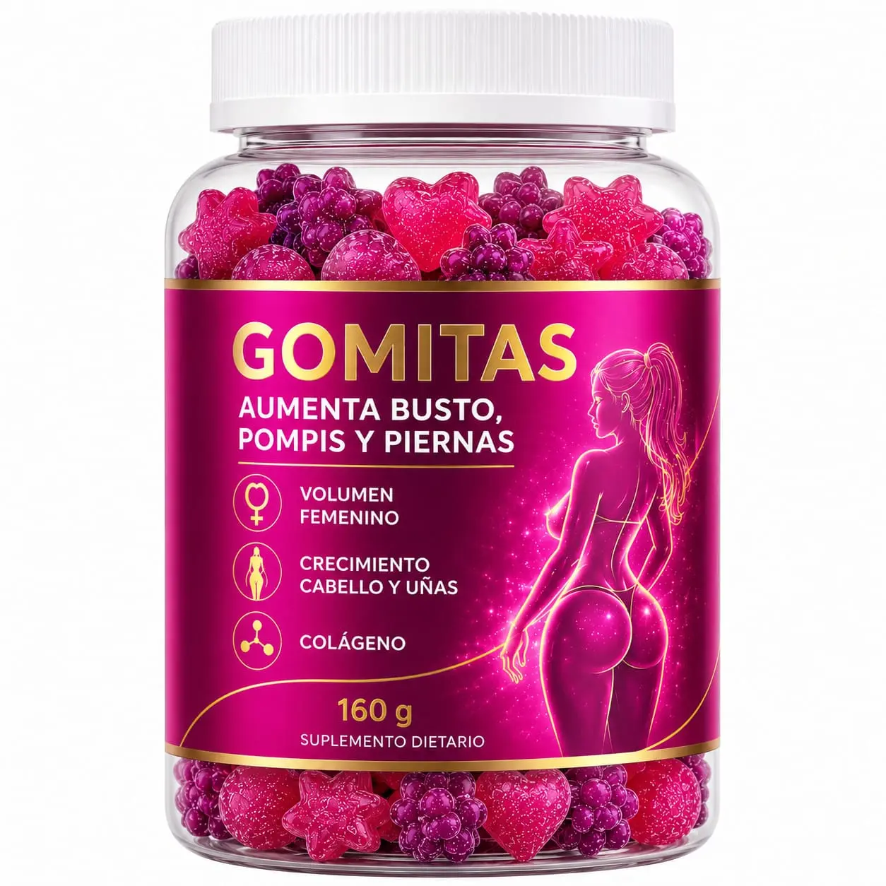 Frasco transparente con gomitas rosadas y moradas en forma de cereza, estrella y corazón. Etiqueta fucsia con silueta femenina y texto de 160 gramos.