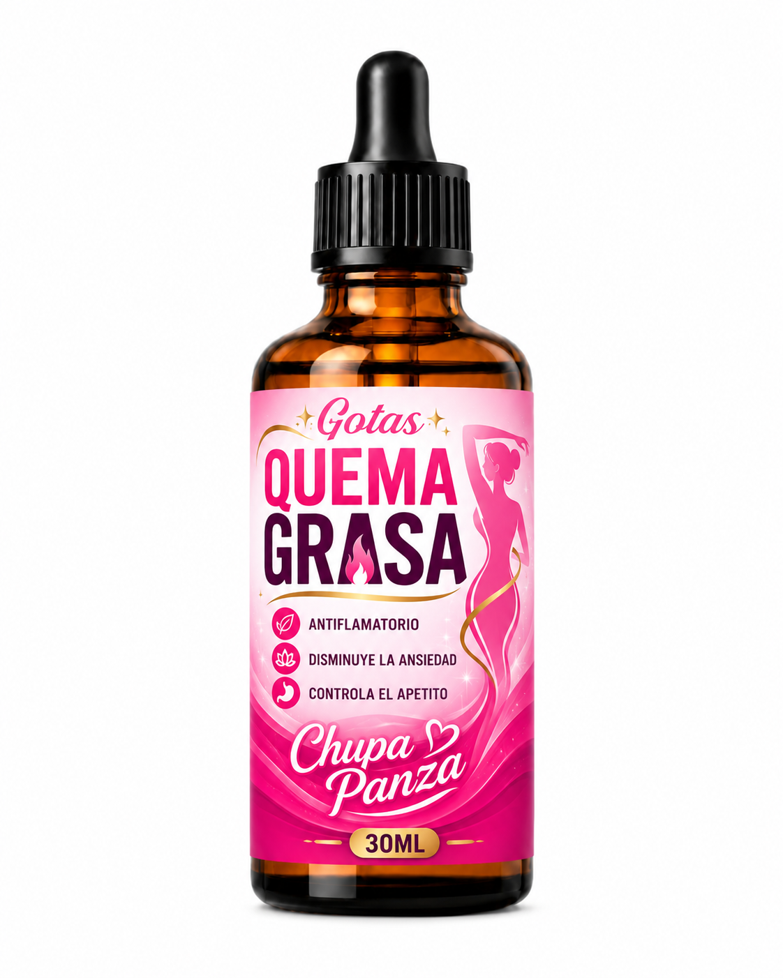 Gotas quemagrasa en frasco ámbar de 30 ml con gotero negro, etiqueta rosa con silueta femenina y beneficios en español.