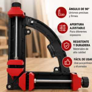Prensa escuadra ajustable de 90° para carpintería, color negro con piezas rojas, ideal para ensamblar marcos, muebles y cajones con precisión.