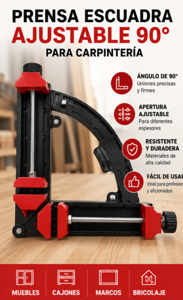 Prensa escuadra ajustable para carpintería de noventa grados - Garantiza uniones perfectas en marcos y muebles de madera