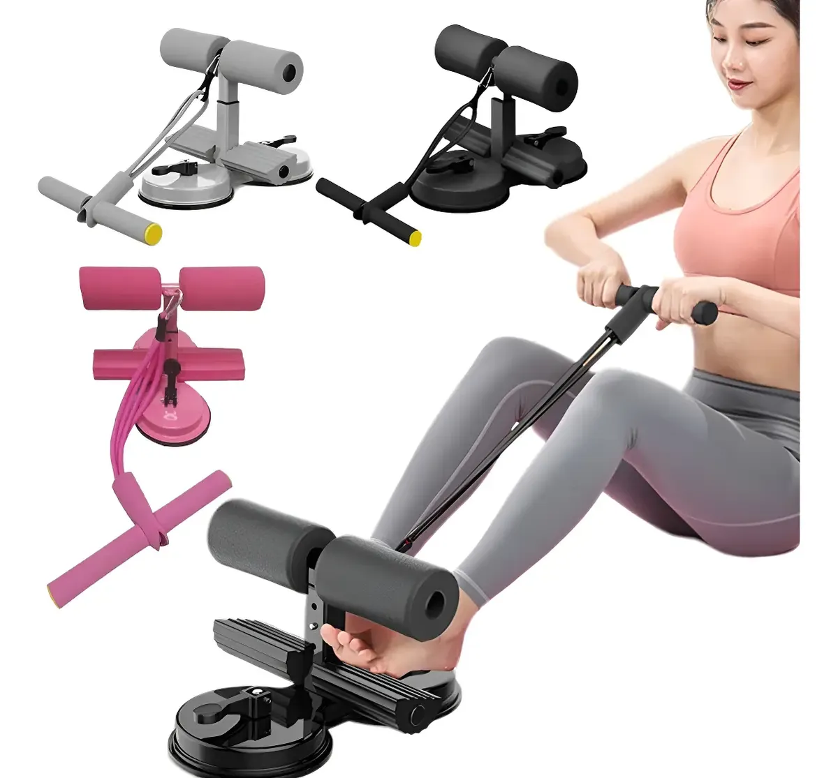 Soporte V-Shaper multifuncional negro con doble ventosa, rodillos de espuma acolchada y bandas elásticas para ejercicio en casa.