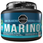 Envase negro de colágeno marino hidrolizado sabor coco de 1000 gramos con etiqueta azul que resalta 2.400.000 µg de colágeno por porción.