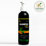 Shampoo Chao Canas de 250 ml en envase negro con dosificador blanco, etiqueta con ilustraciones botánicas, vegano y de origen vegetal.