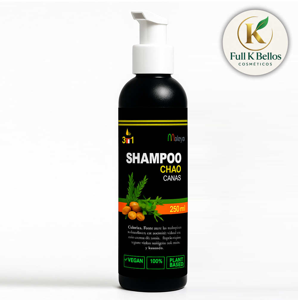 Shampoo Chao Canas de 250 ml en envase negro con dosificador blanco, etiqueta con ilustraciones botánicas, vegano y de origen vegetal.