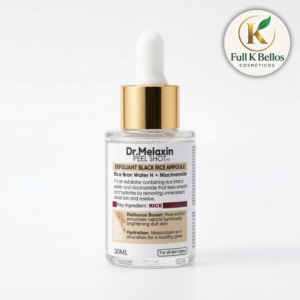Ampolla exfoliante Dr. Melaxin Peel Shot de 30 ml en frasco de vidrio con gotero blanco y tapa dorada, con extracto de arroz y niacinamida.