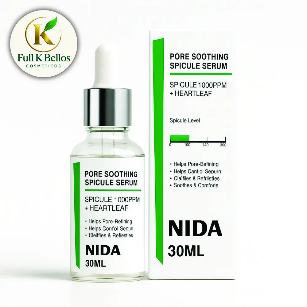 Sérum facial con espículas y heartleaf de 30 ml en frasco con gotero junto a su caja blanca y verde, ideal para calmar y refinar poros.