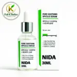 Frasco gotero de vidrio transparente y caja blanca de 30 ml con etiqueta verde, sérum facial con espículas y heartleaf para control de sebo y poros.