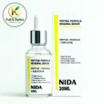 Sérum facial Peptide Propolis Renewal de Nida, frasco cuentagotas de 30 ml junto a su caja blanca con detalles amarillos.