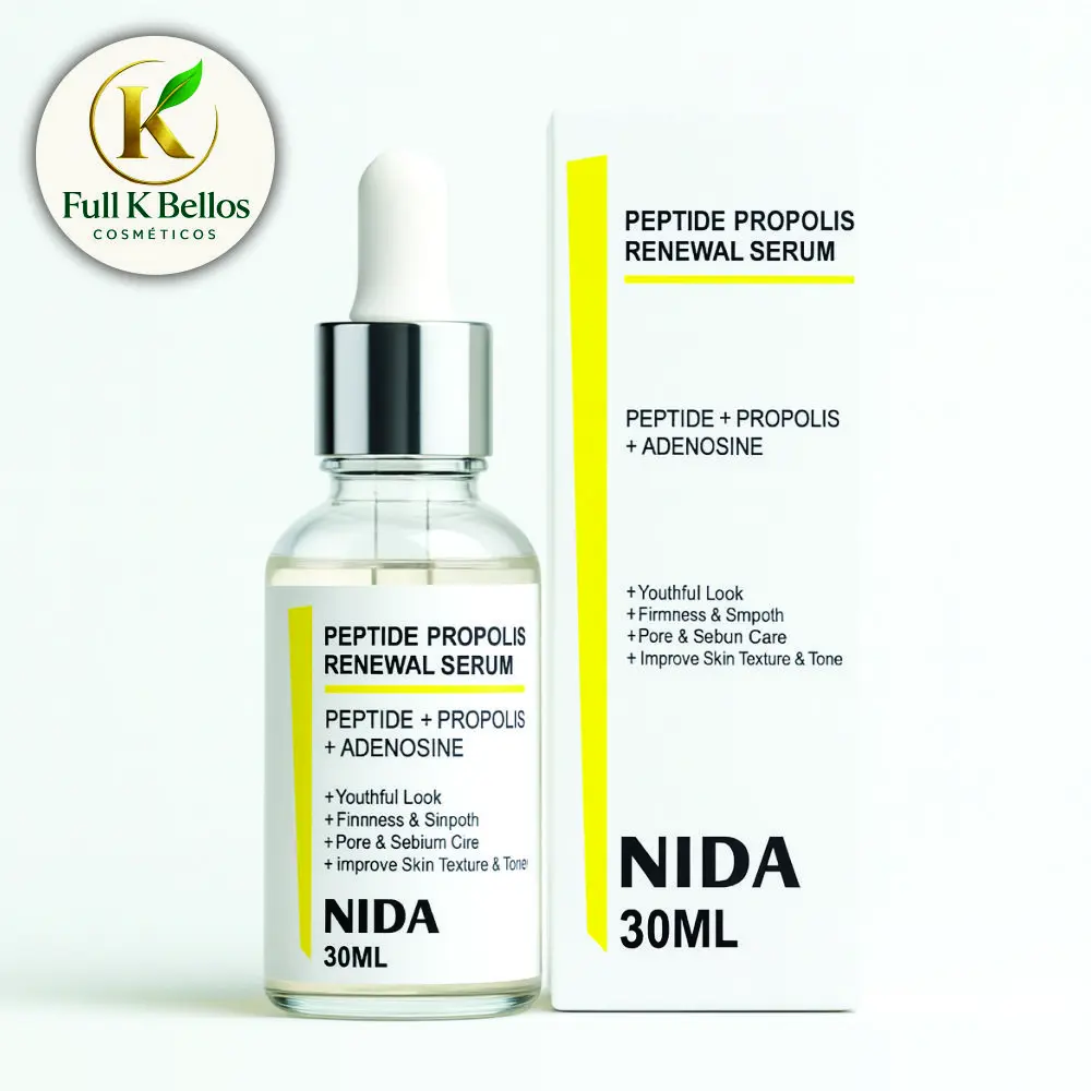 Sérum facial Peptide Propolis Renewal de Nida, frasco cuentagotas de 30 ml junto a su caja blanca con detalles amarillos.