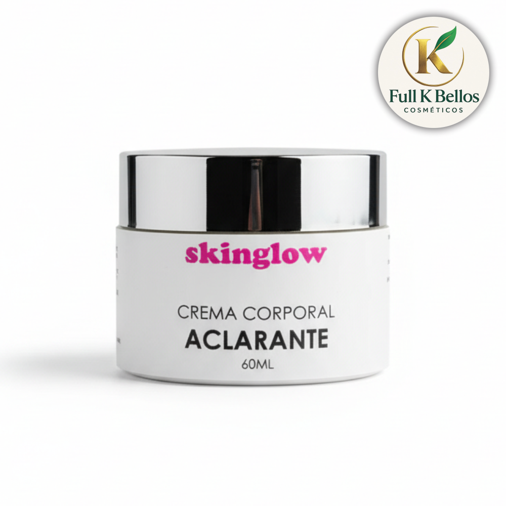 Tarro blanco de Skinglow Crema Corporal Aclarante de 60 ml con tapa plateada metálica, para unificar el tono de la piel.