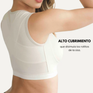 Sujetador corrector de postura color beige con diseño de alto cubrimiento en la sisa y soporte ergonómico para espalda y hombros.