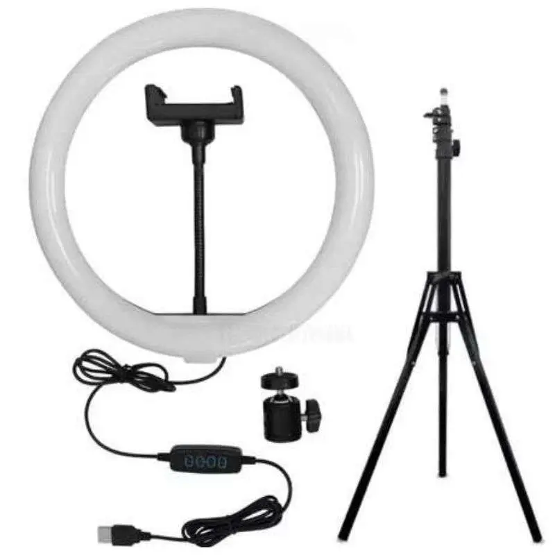 Kit de aro de luz LED Pf45 blanco con trípode negro, soporte para celular, cable USB con control digital y cabezal ajustable.