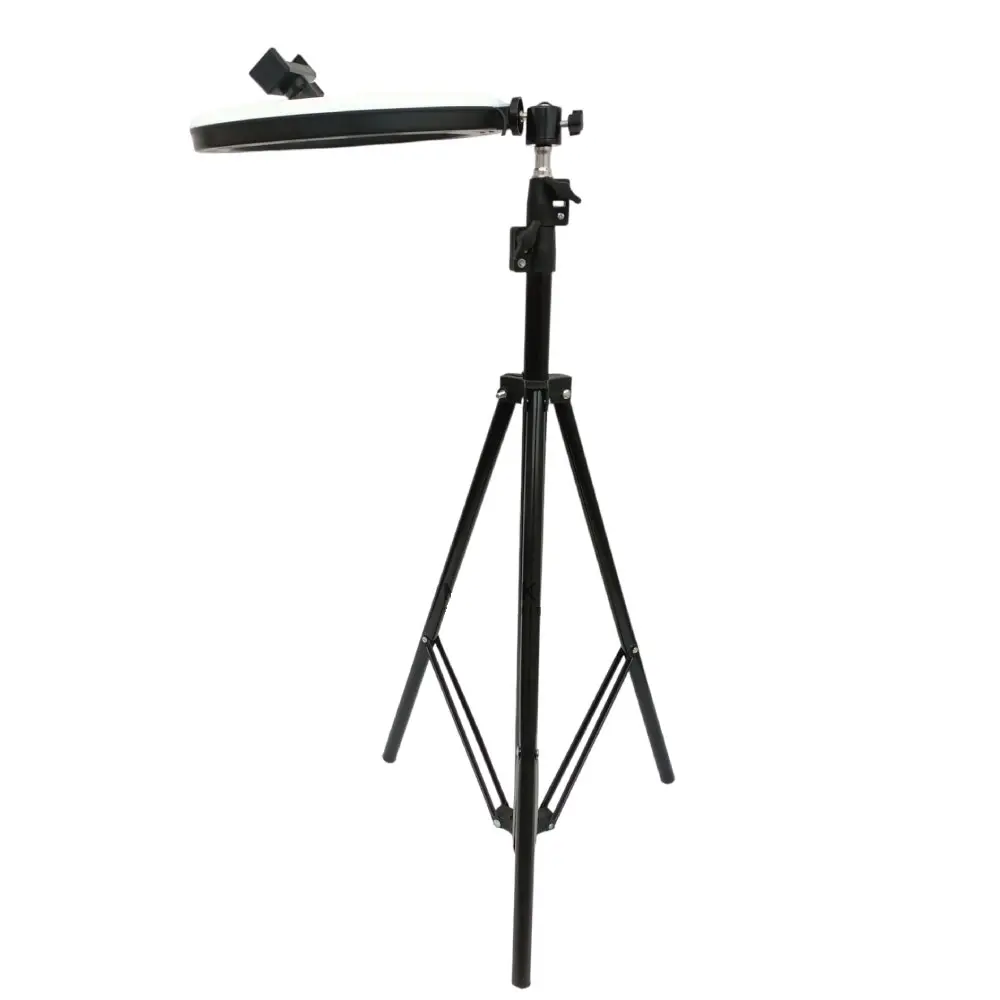 Trípode negro con panel de luz LED Pf45 circular y soporte para celular, para iluminación profesional en fotografía y video.