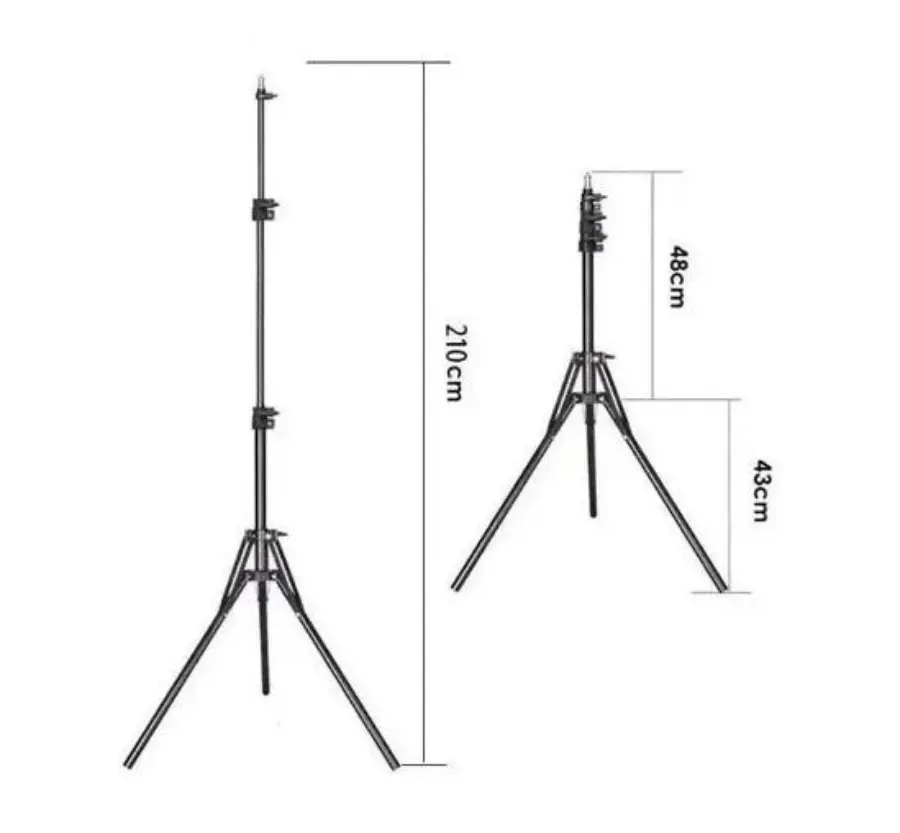 Trípode negro para panel LED con altura de 210 cm, detallando secciones de 48 cm y 43 cm.