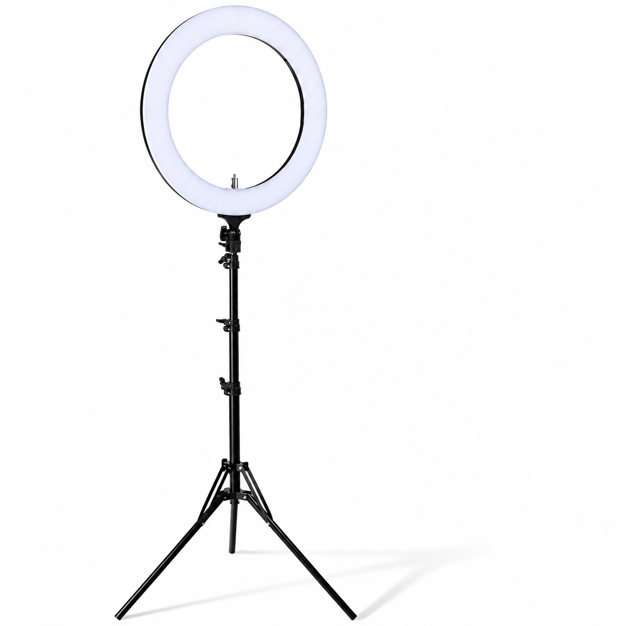Aro de luz LED Pf45 con iluminación blanca y trípode negro ajustable para fotografía y video profesional.