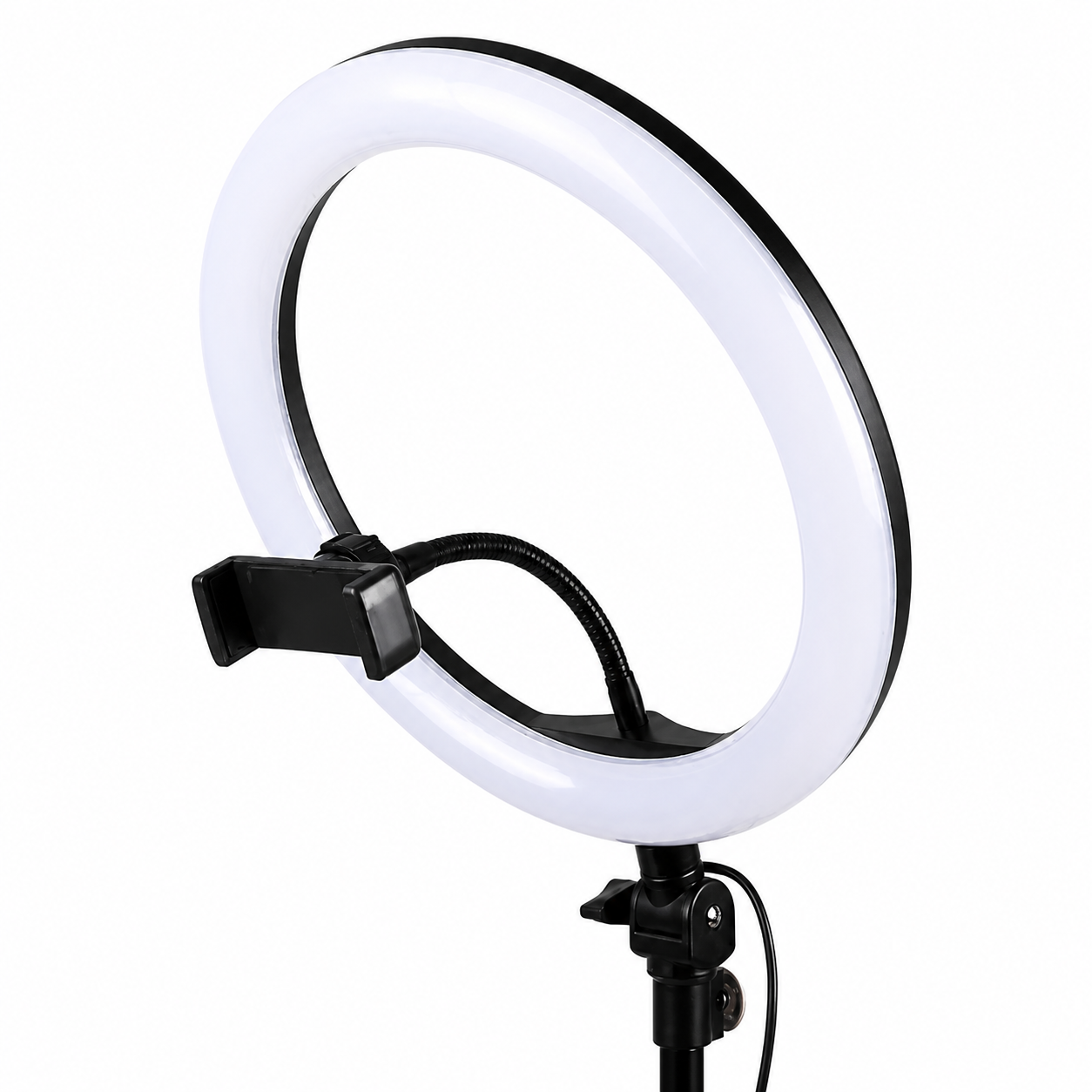 Aro de luz LED Pf45 circular blanco con soporte para celular negro y trípode ajustable para fotografía y video profesional.