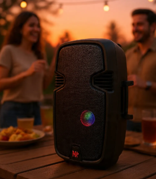 Parlante portátil Bluetooth negro de 15 pulgadas con luz LED multicolor en la rejilla frontal, colocado sobre mesa de madera al aire libre con personas al fondo.