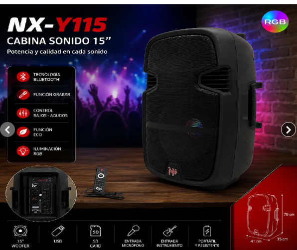 Cabina de sonido portátil negra de 15 pulgadas con luces RGB, control remoto y panel lateral, dimensiones de 70 por 41 y 35 centímetros.