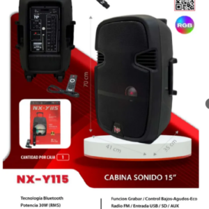 Cabina de sonido portátil negra de 15 pulgadas, con ruedas, rejilla metálica frontal, panel de control lateral y accesorios incluidos. Medidas: 70 x 41 x 35 cm.