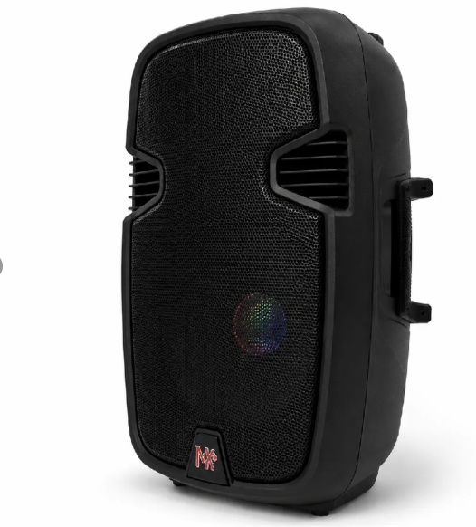 Parlante portátil Bluetooth negro con rejilla metálica, asa lateral integrada, luces LED y logotipo rojo en la base.