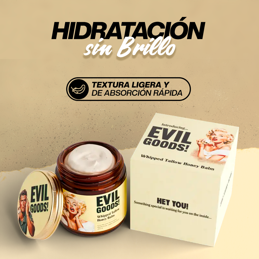 Bálsamo hidratante Evil Goods en tarro de vidrio ámbar con tapa dorada y caja beige con ilustraciones retro.