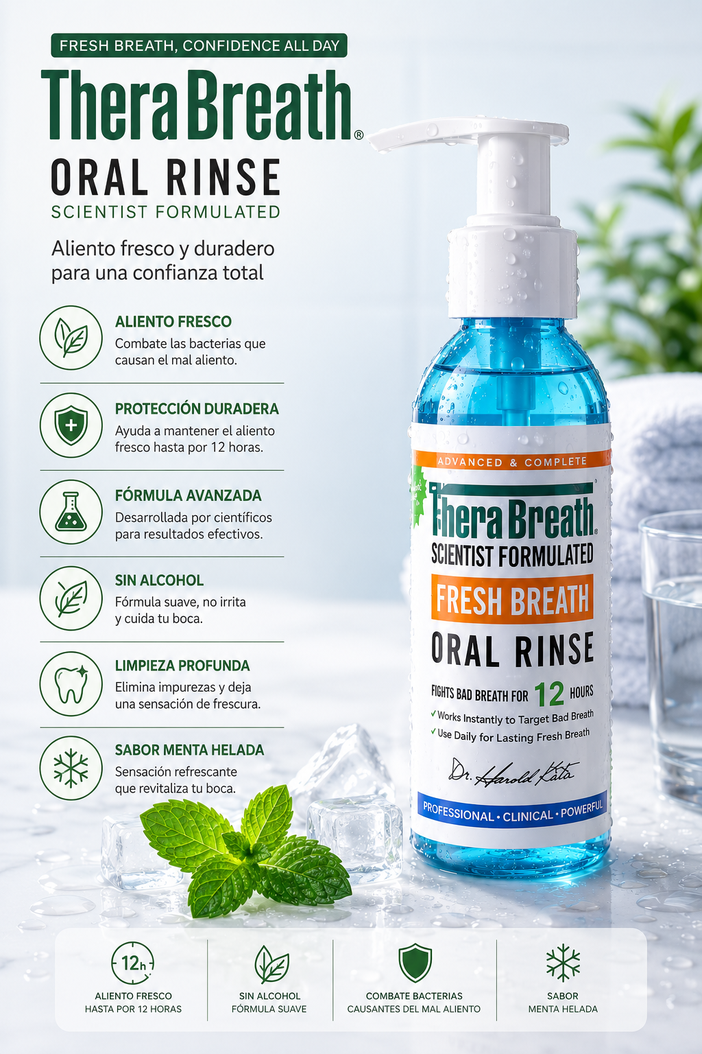 Enjuague bucal TheraBreath Fresh Breath sin alcohol, botella azul con dispensador de bomba, sabor menta helada, junto a hojas de menta e hielo.