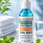 Enjuague bucal TheraBreath azul con dispensador de bomba, rodeado de hojas de menta e hielo sobre mármol blanco en un ambiente de baño fresco.